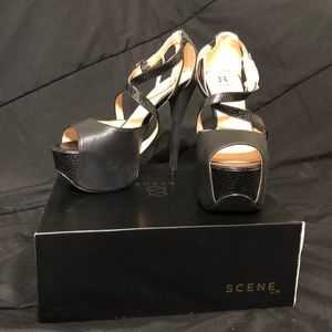 SHOEDAZZLE Black on Black Strap Heels